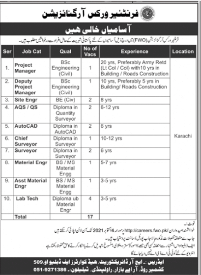 Frontier Work Organization FWO Jobs in Rawalpindi 2021
