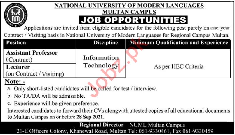 Multan NUML 2021- jobs in Multan
