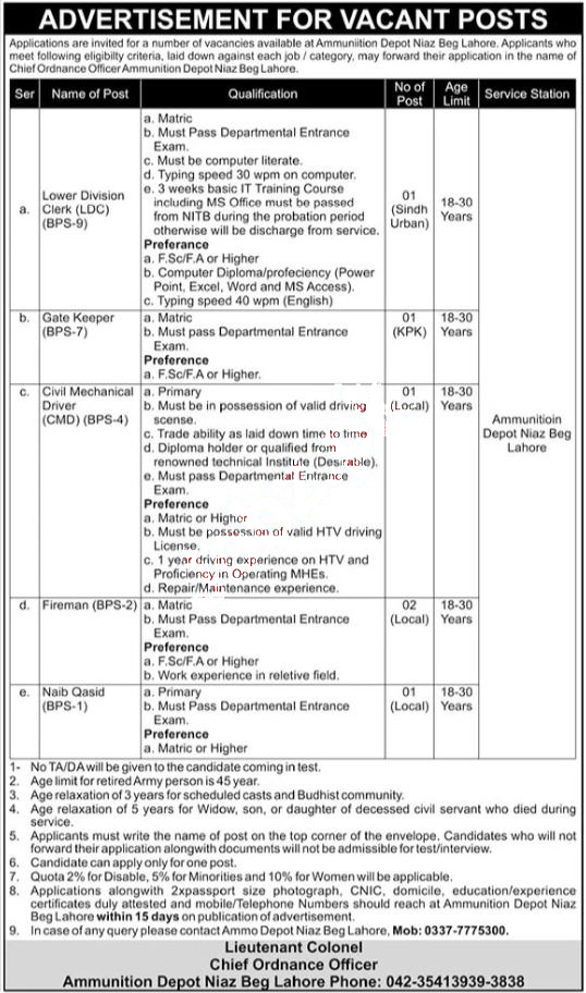 Latest Posts in Pak Army Ammunition Depot Jobs 2021 in Lahore