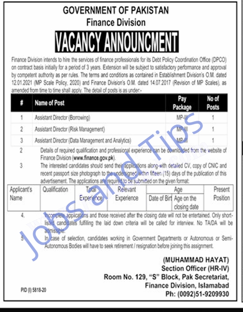 Government of Pakistan Finance Division Jobs 2021