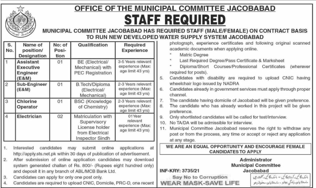 Municipal Committee Jobs in Jacobabad 2021